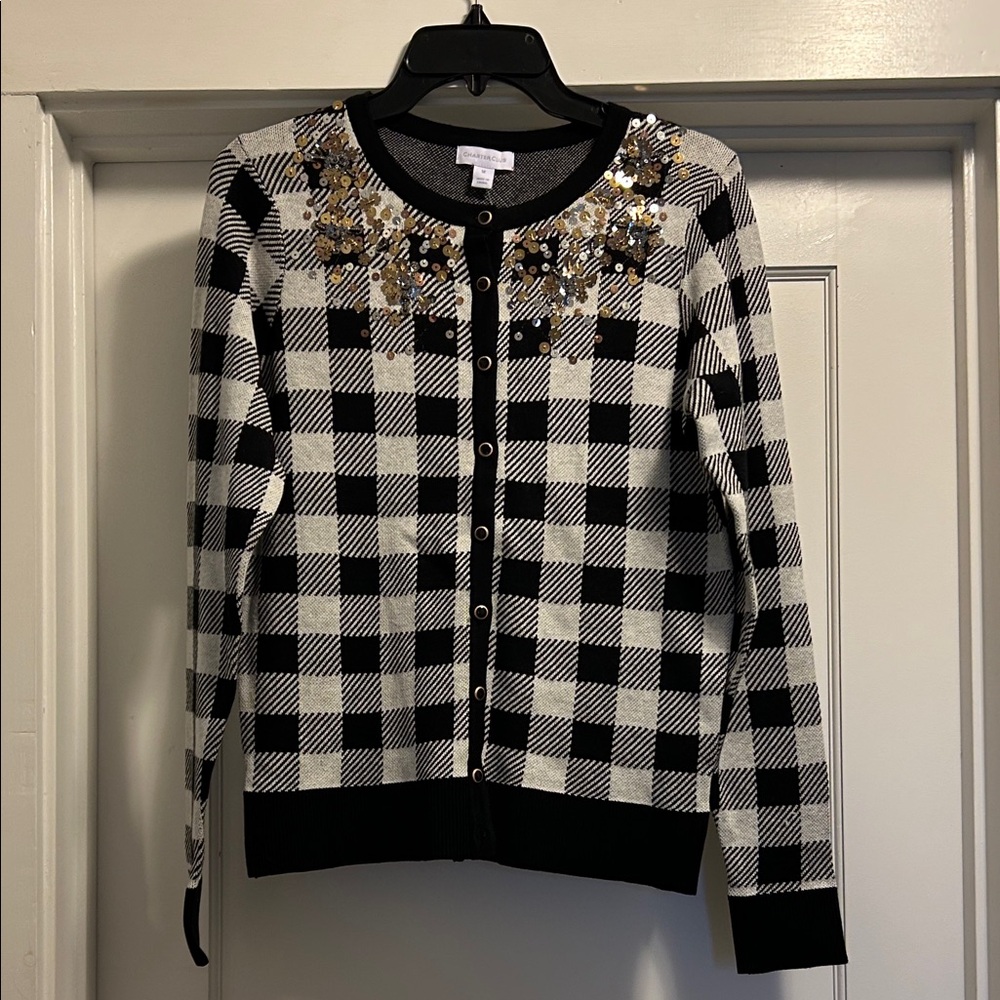 Charter Club Black & White Women’s Cardigan with Gold Details - Medium, NWT